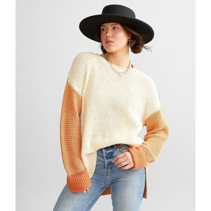 Women's Oversized Listicle Boho Beige & Orange Colorblock Crew Neck Sweater M